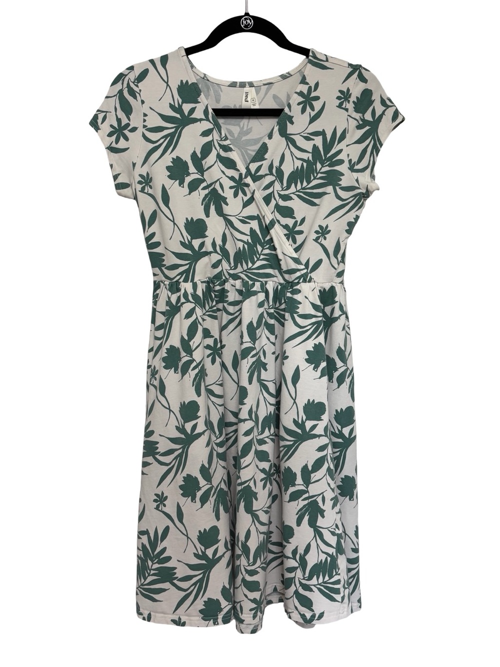PACT Faux Wrap Fit and Flare Organic Cotton Mini Dress in Green Floral - Size M
